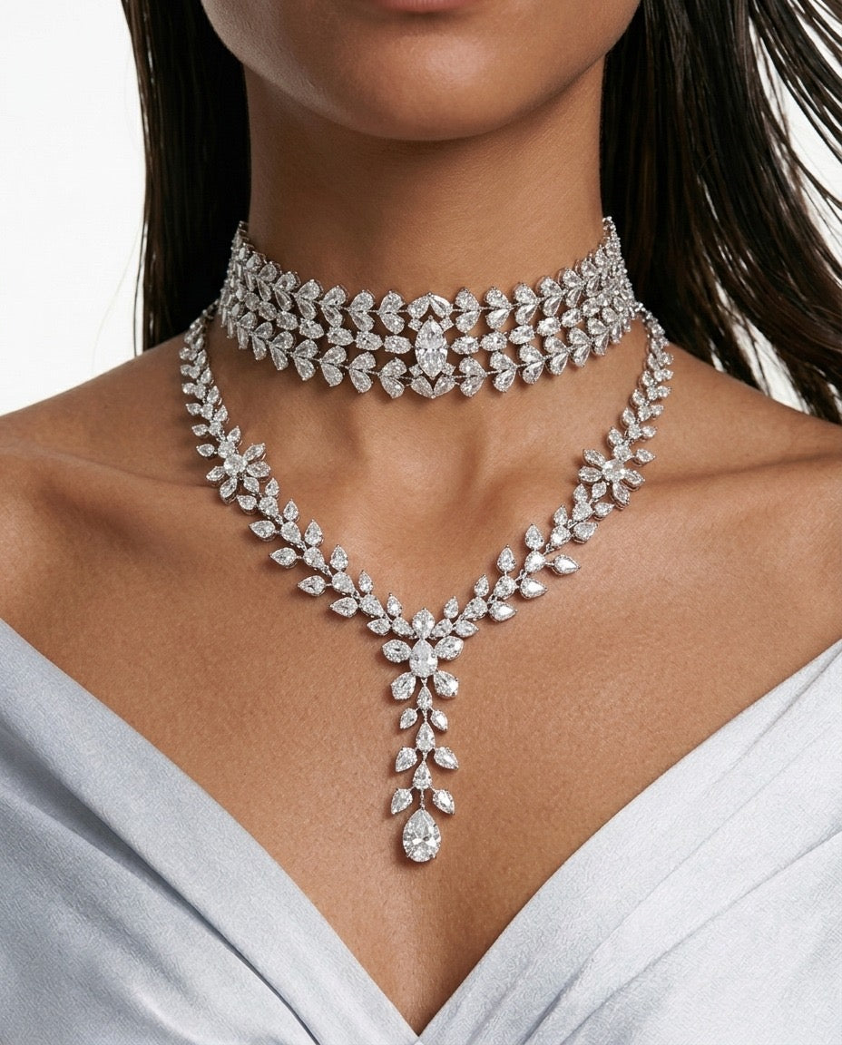 Maharani Dania Diamond-Like Zircon Compressed Setting Statement Necklace & Nayara Diamond-Like Zircon Leaf Petal Choker Necklace Set – 2 Necklaces & 2 Earrings