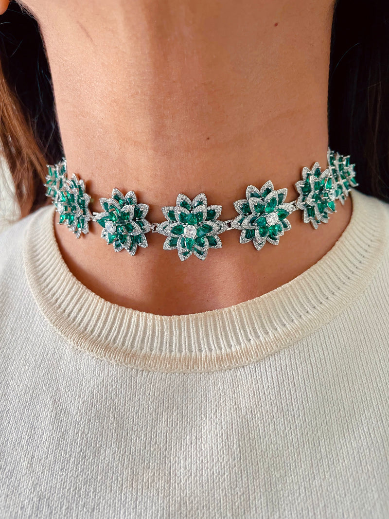 Alisha Emerald Floral Diamond Garden Choker Necklace Set — front view — Prerto