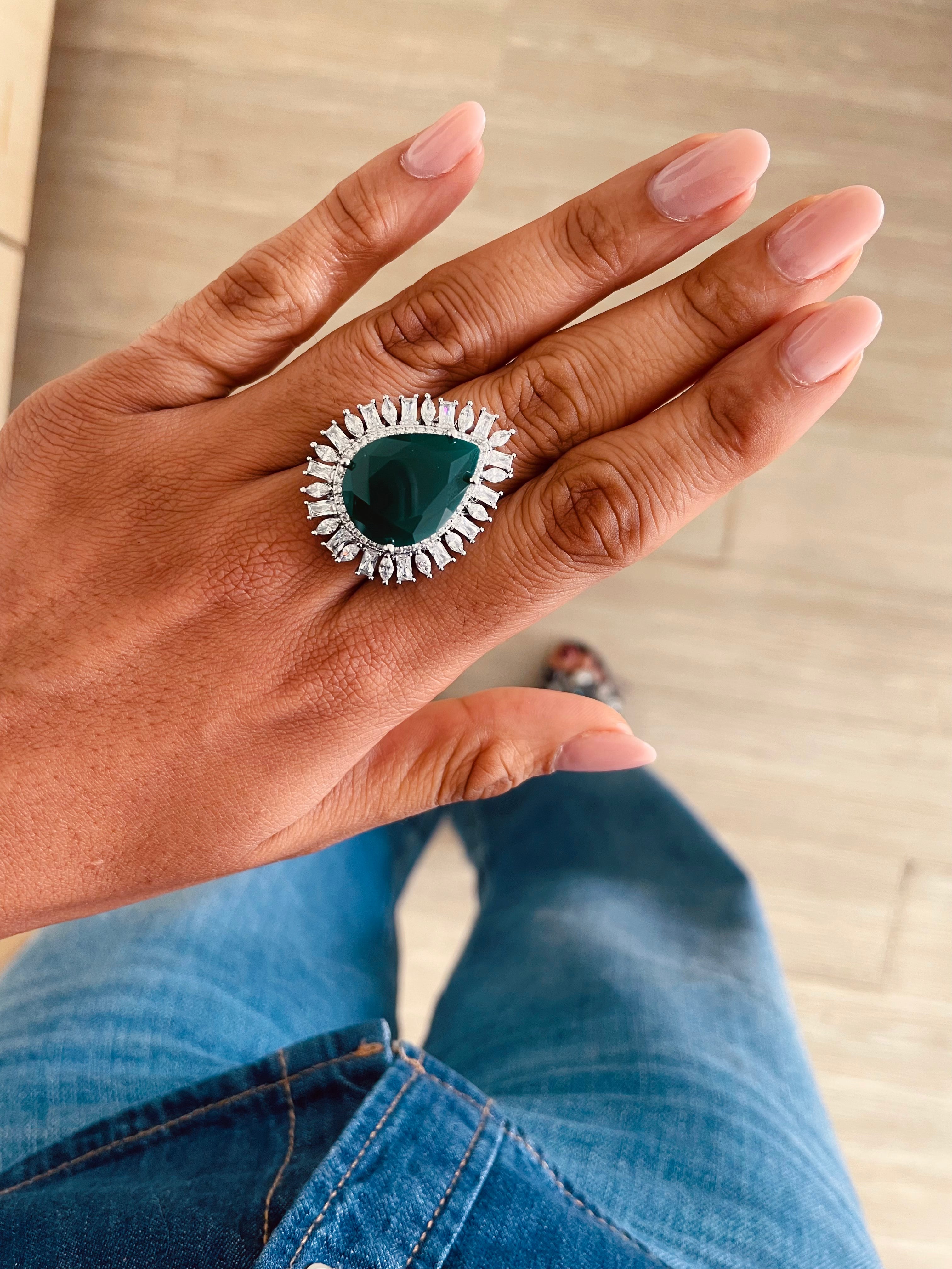 Emerald Large Tear Drop Diamond Ring by Prerto — Indian & Arab bridal jewellery