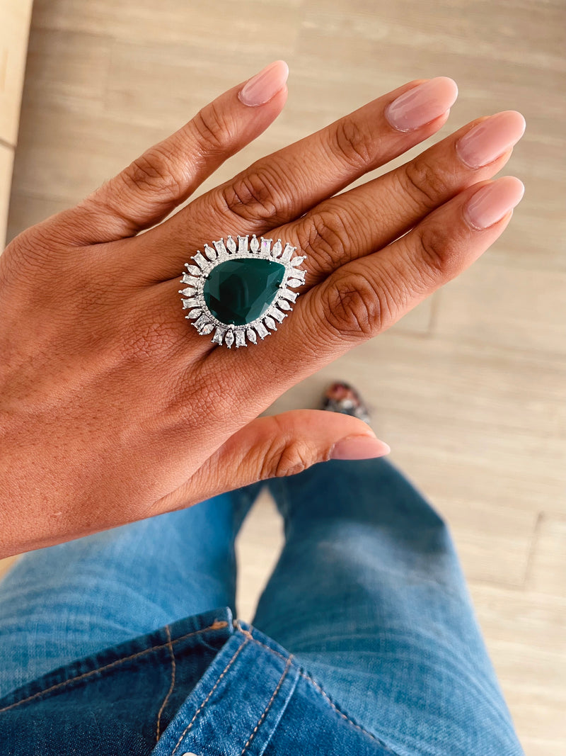 Emerald Large Tear Drop Diamond Ring by Prerto — Indian & Arab bridal jewellery