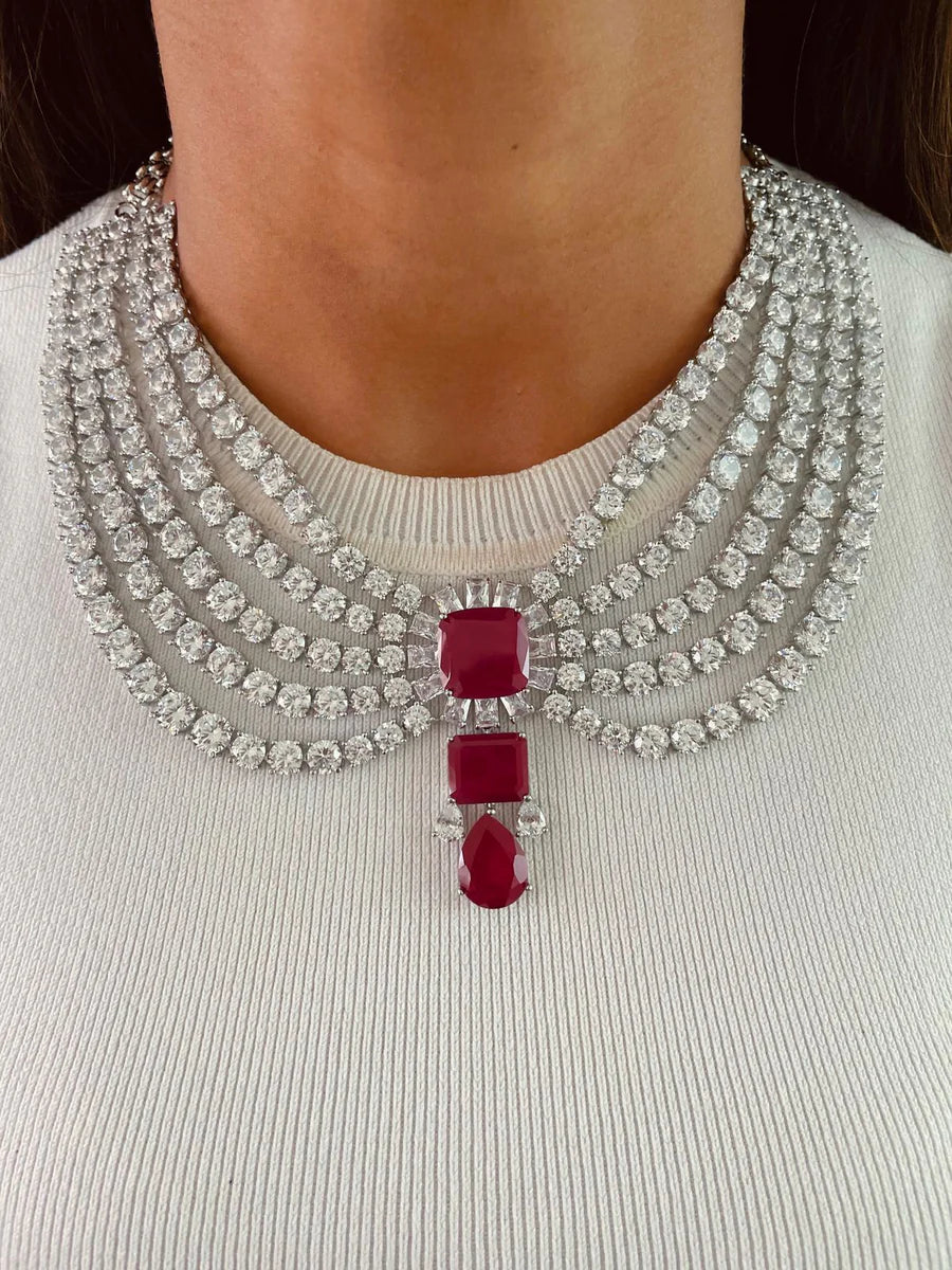 Maharani Ruby Kate Diamond & 5 Layer Ruby Duo Necklace Set — worn on model — Prerto