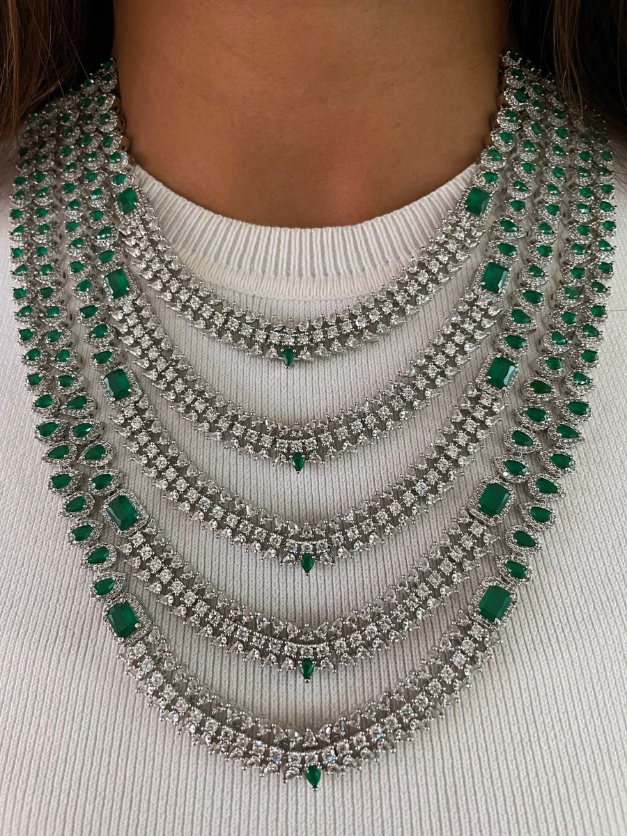 5 Layer Statement Emerald Dimonte Necklace Set (Earrings & Necklace)