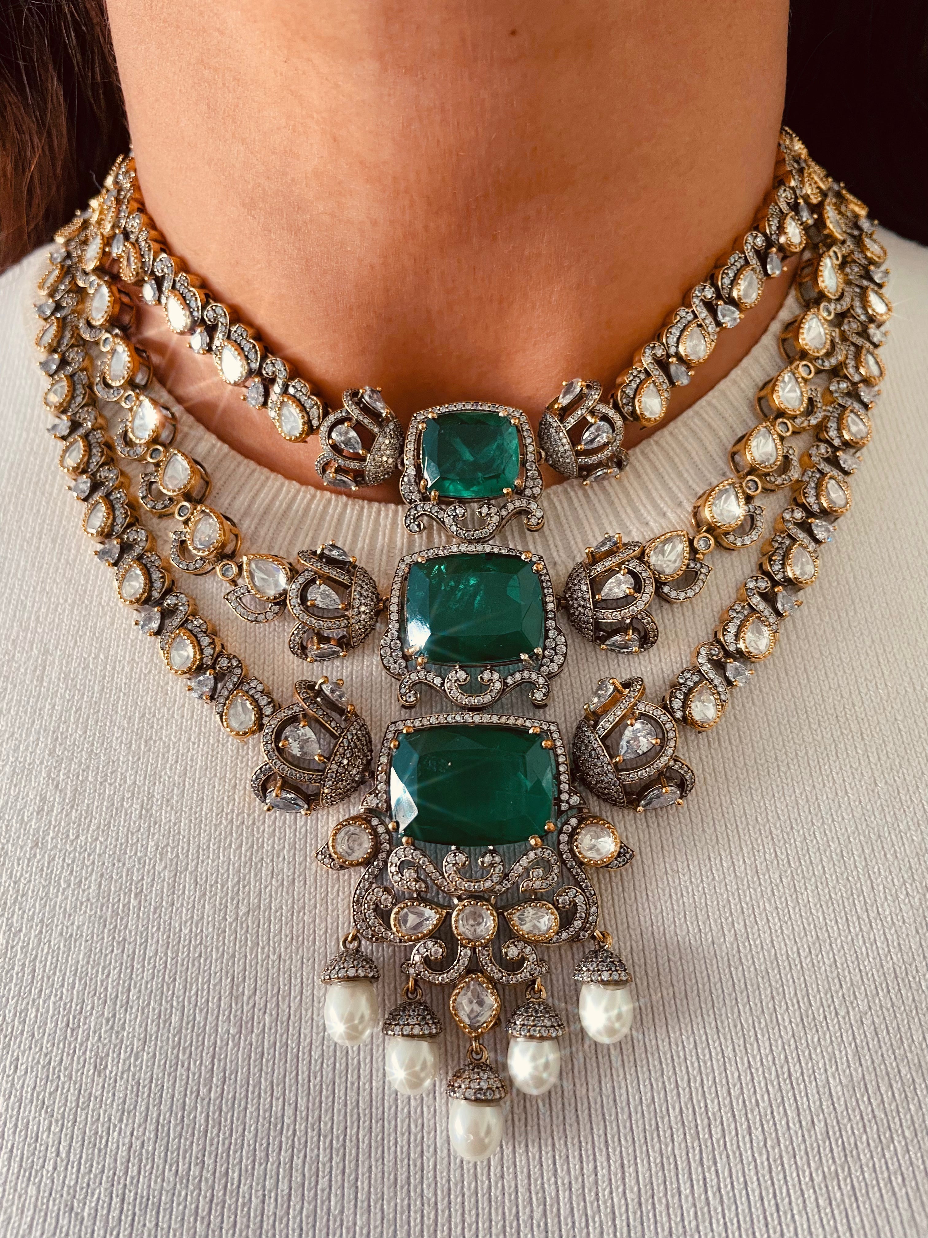 3 Layered Emerald Doublet & Moissanite Polki Kundan Couture Necklace Set — front view — Prerto