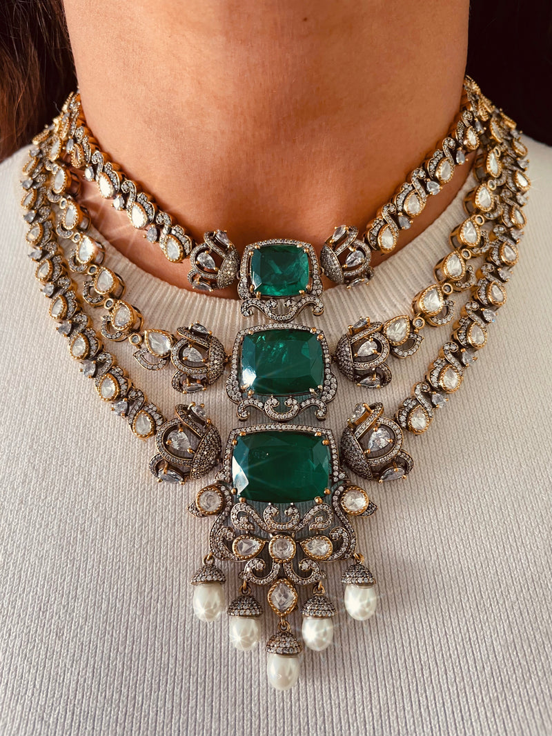 3 Layered Emerald Doublet & Moissanite Polki Kundan Couture Necklace Set — front view — Prerto