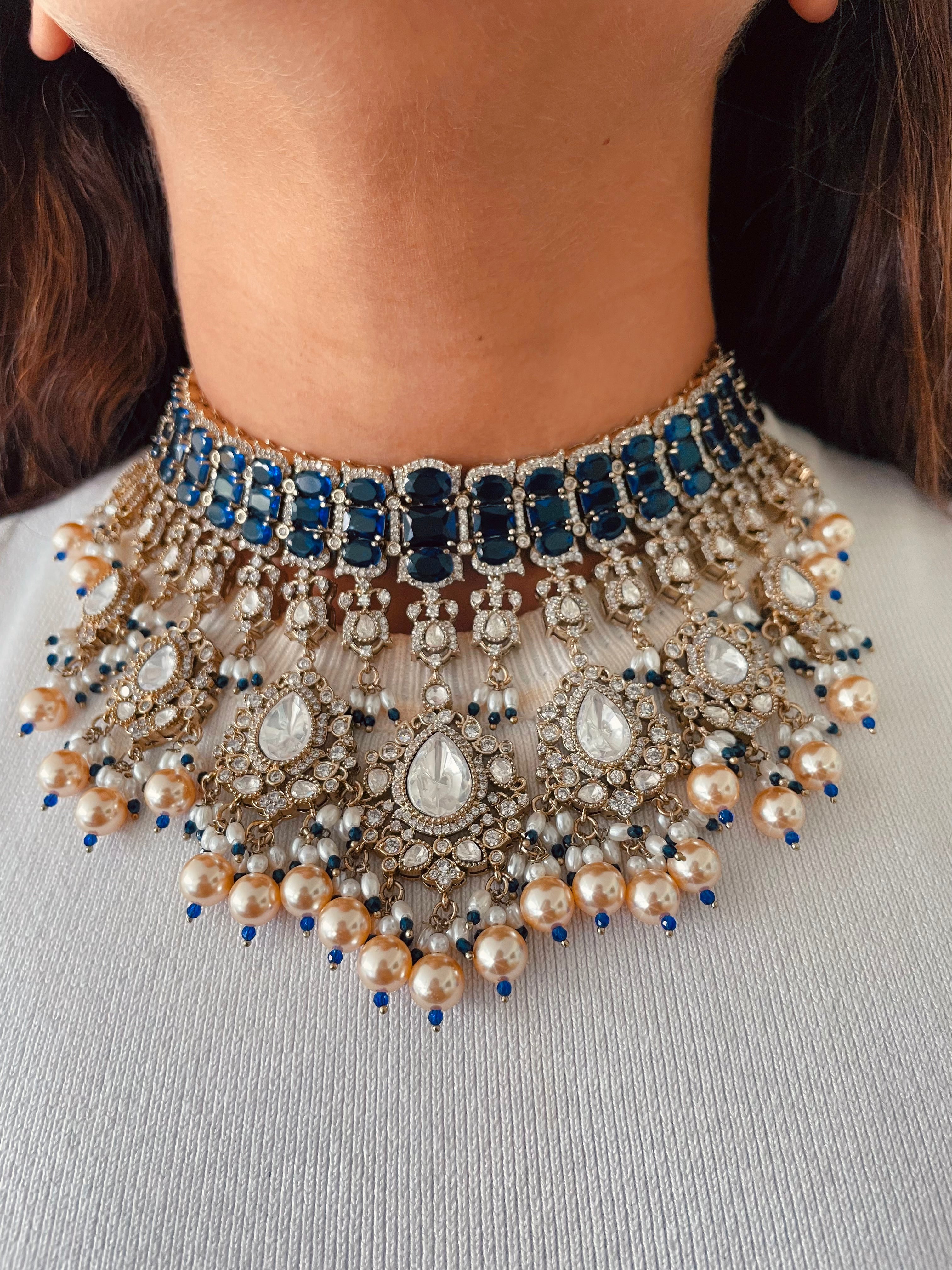 Meetu Sapphire Pearls & Polki Dangling Statement Necklace Set — front view — Prerto