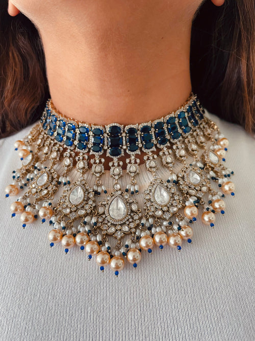 Meetu Sapphire Pearls & Polki Dangling Statement Necklace Set — front view — Prerto