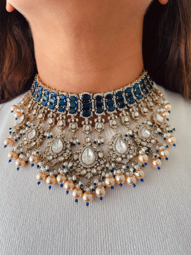 Meetu Sapphire Pearls & Polki Dangling Statement Necklace Set — front view — Prerto