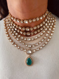 5 Layer Gold Plated Moissanite Polki Kundan Diamond Emerald Drop Necklace Set — front view — Prerto