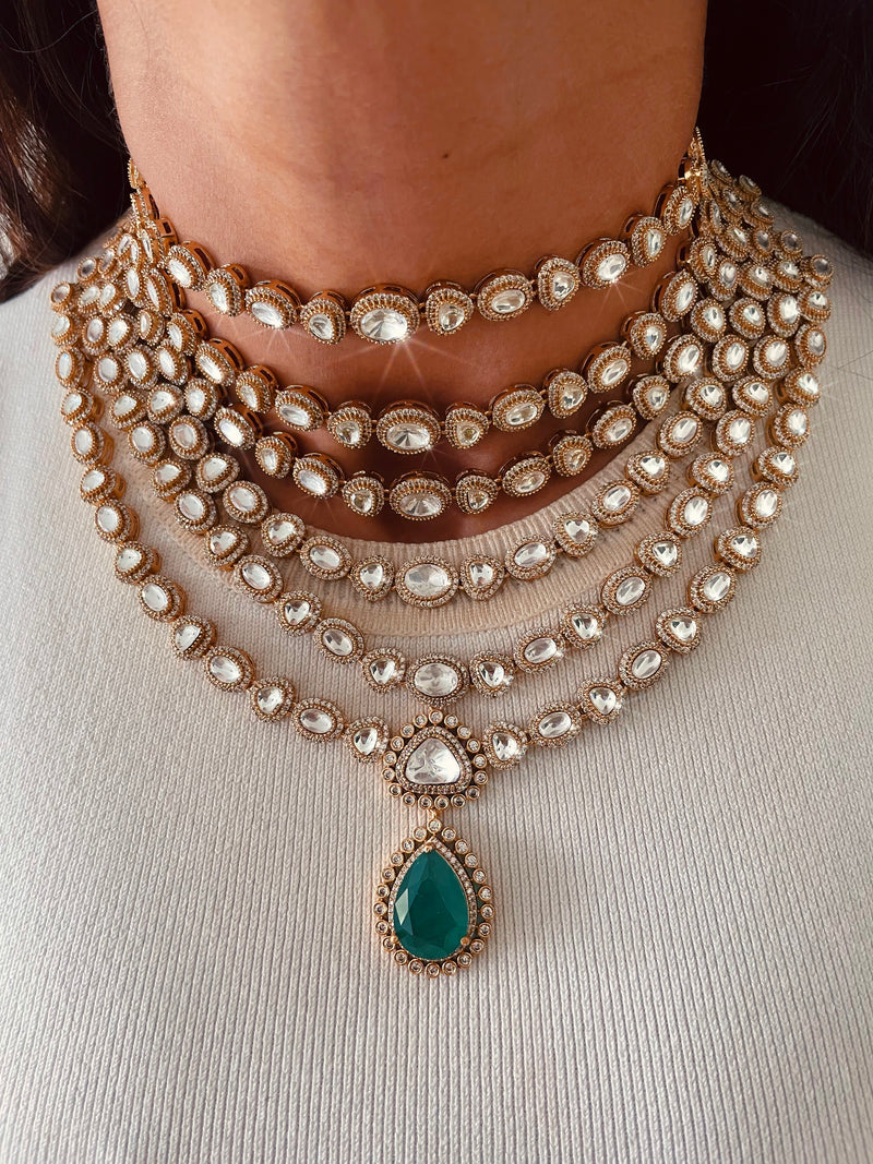 5 Layer Gold Plated Moissanite Polki Kundan Diamond Emerald Drop Necklace Set — front view — Prerto