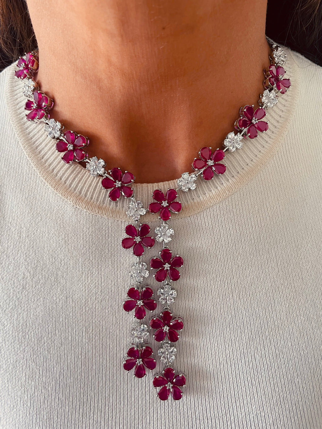 Floral Ruby & Diamond Statement Two Lines Necklace Set — front view — Prerto