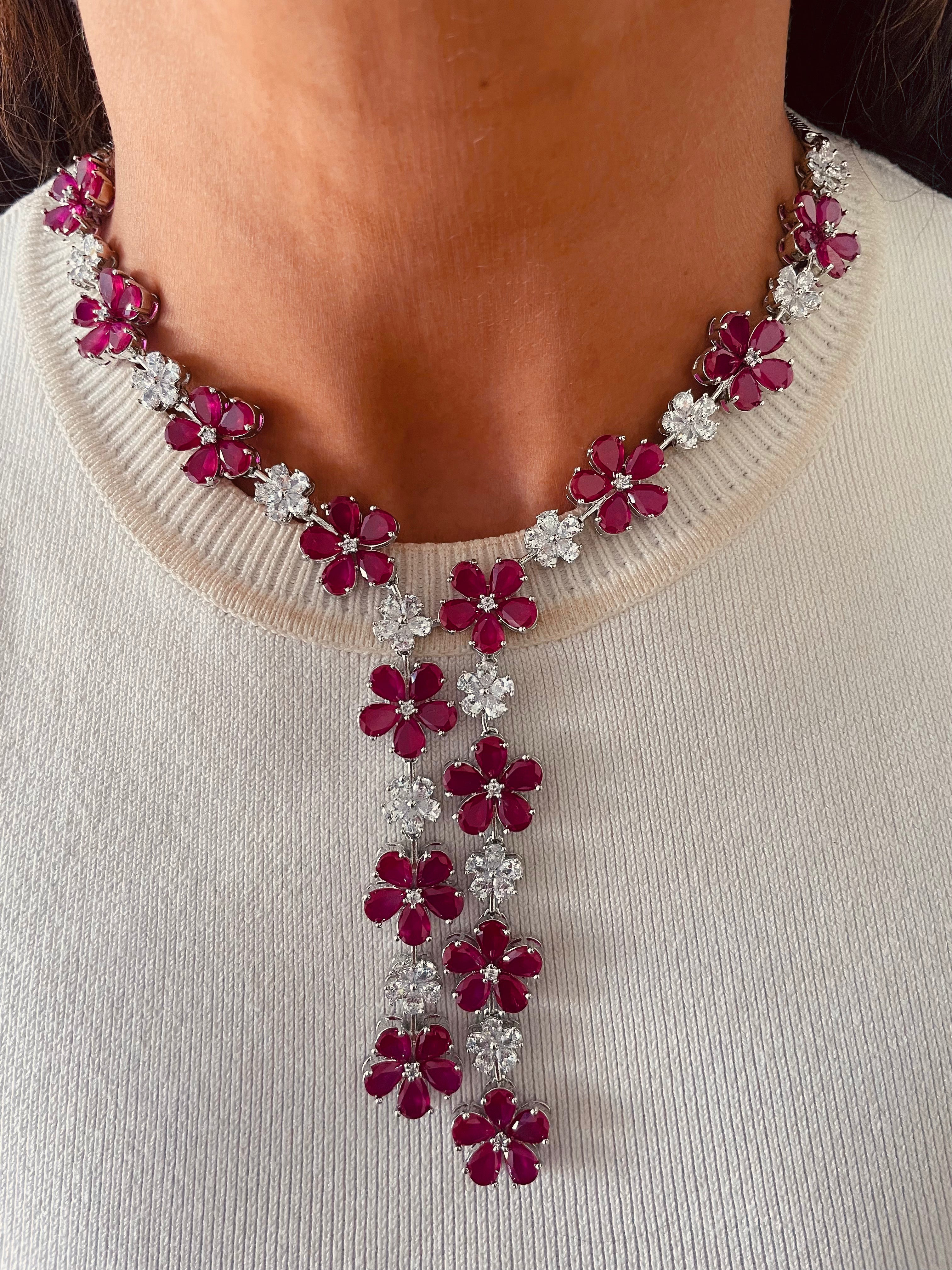Floral Ruby & Diamond Statement Two Lines Necklace Set — front view — Prerto
