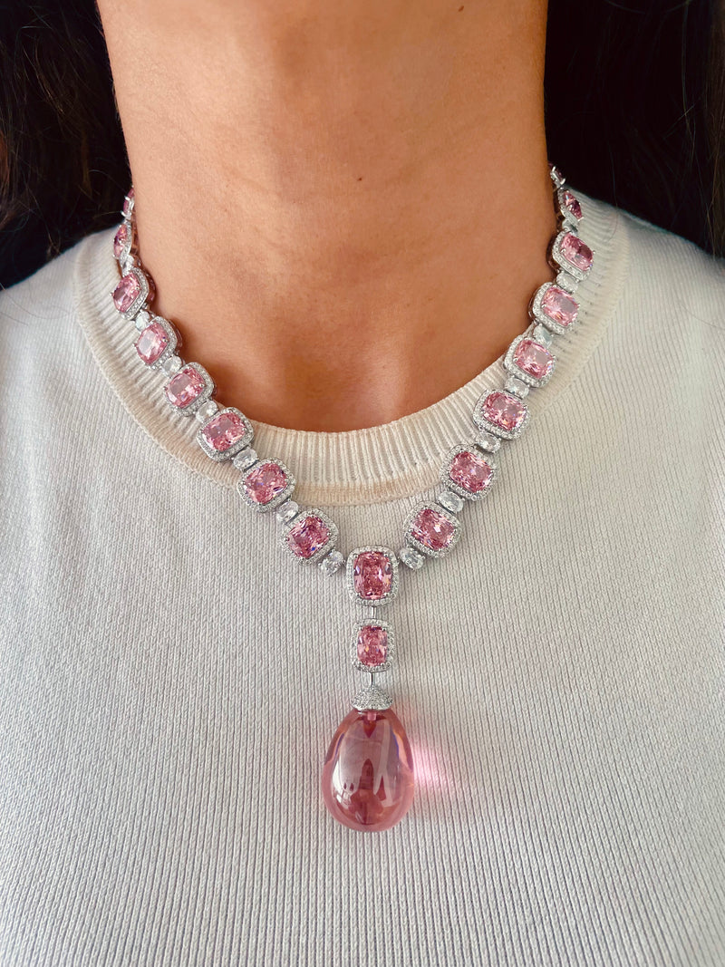 Pink Cushion Cut Zircon Detailing Necklace Set — front view — Prerto