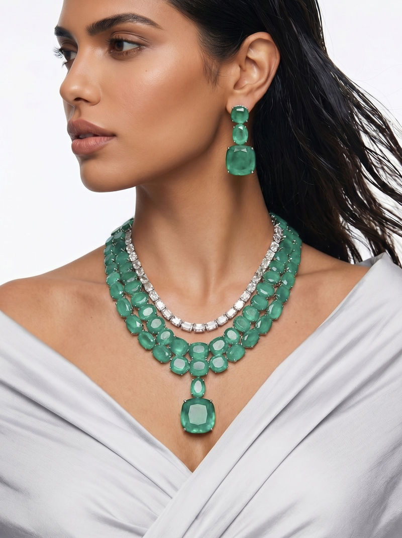 Boulder Mint Green Diamond 3 Layer Statement Necklace Set — flat lay — Prerto