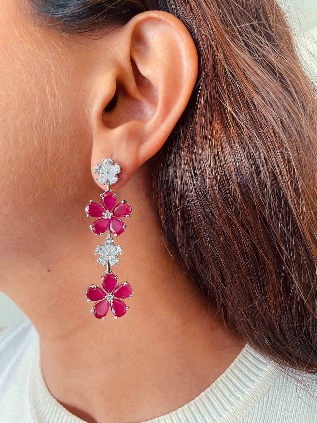 Floral Ruby & Diamond Statement Two Lines Necklace Set — worn on model — Prerto
