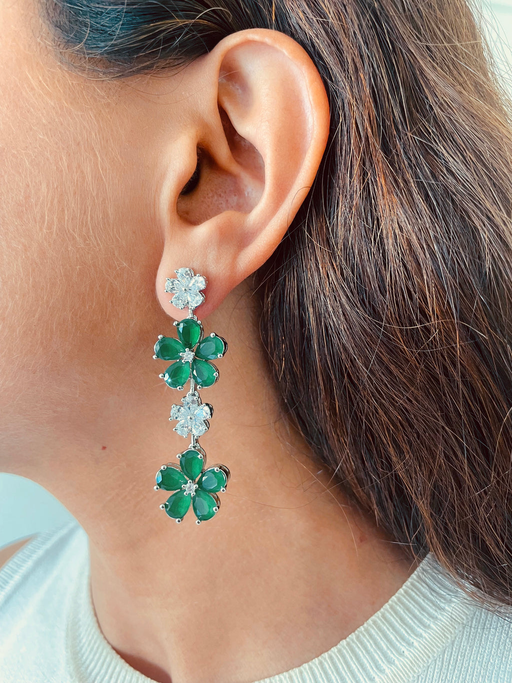 Floral Emerald & Diamond Statement Two Lines Necklace Set — worn on model — Prerto