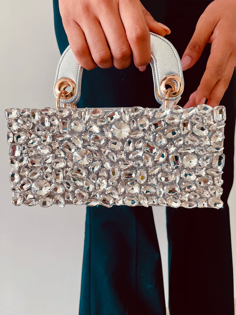 Silver Crystal Studded Long Clutch Bag by Prerto — wedding & festive occasion accessory