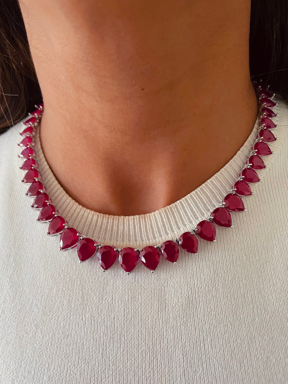 Ruby Tennis Heart Drop Necklace & Earrings Set — front view — Prerto