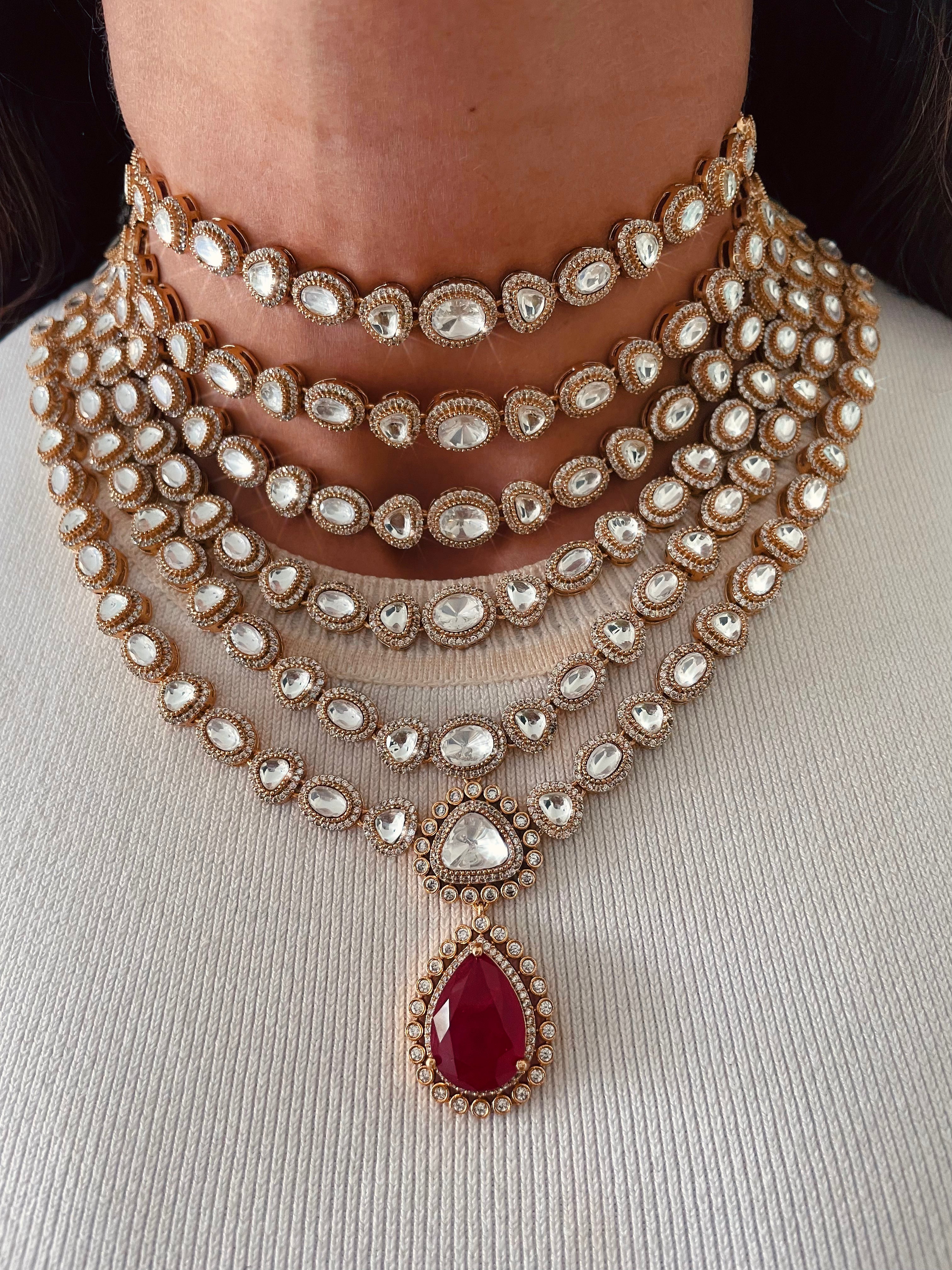 5 Layer Gold Plated Moissanite Polki Kundan Diamond Ruby Drop Necklace Set — front view — Prerto