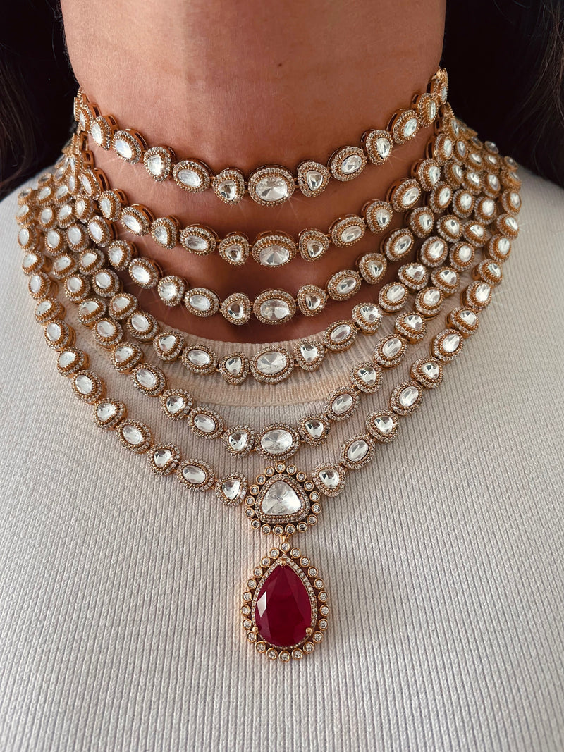 5 Layer Gold Plated Moissanite Polki Kundan Diamond Ruby Drop Necklace Set — front view — Prerto
