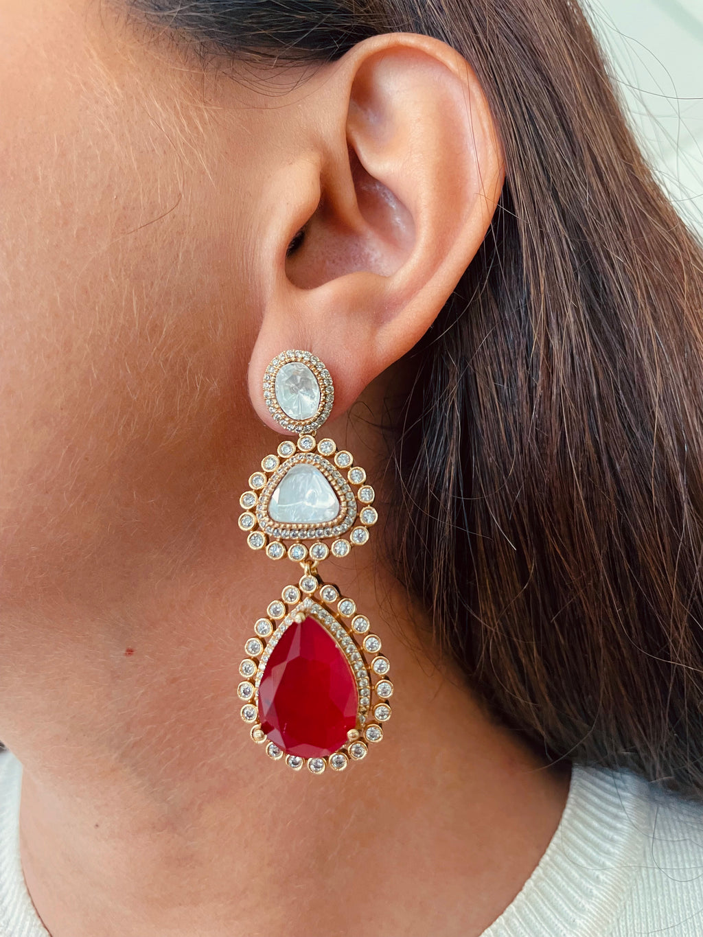 5 Layer Gold Plated Moissanite Polki Kundan Diamond Ruby Drop Necklace Set — worn on model — Prerto