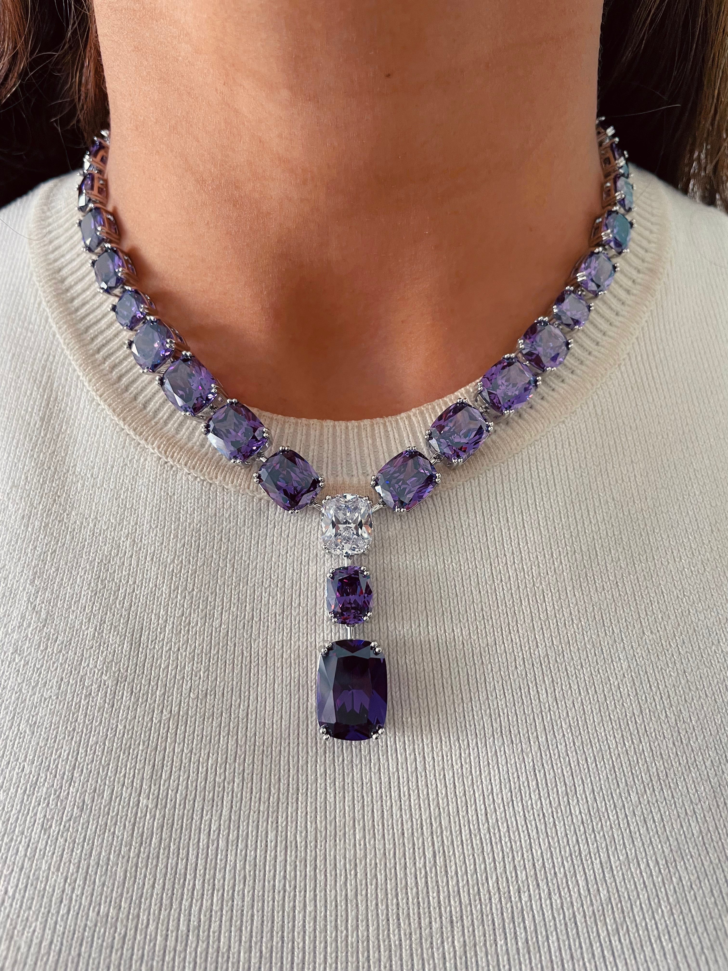 Elina Amethyst Square Drop Dimonte Statement Necklace Set — front view — Prerto