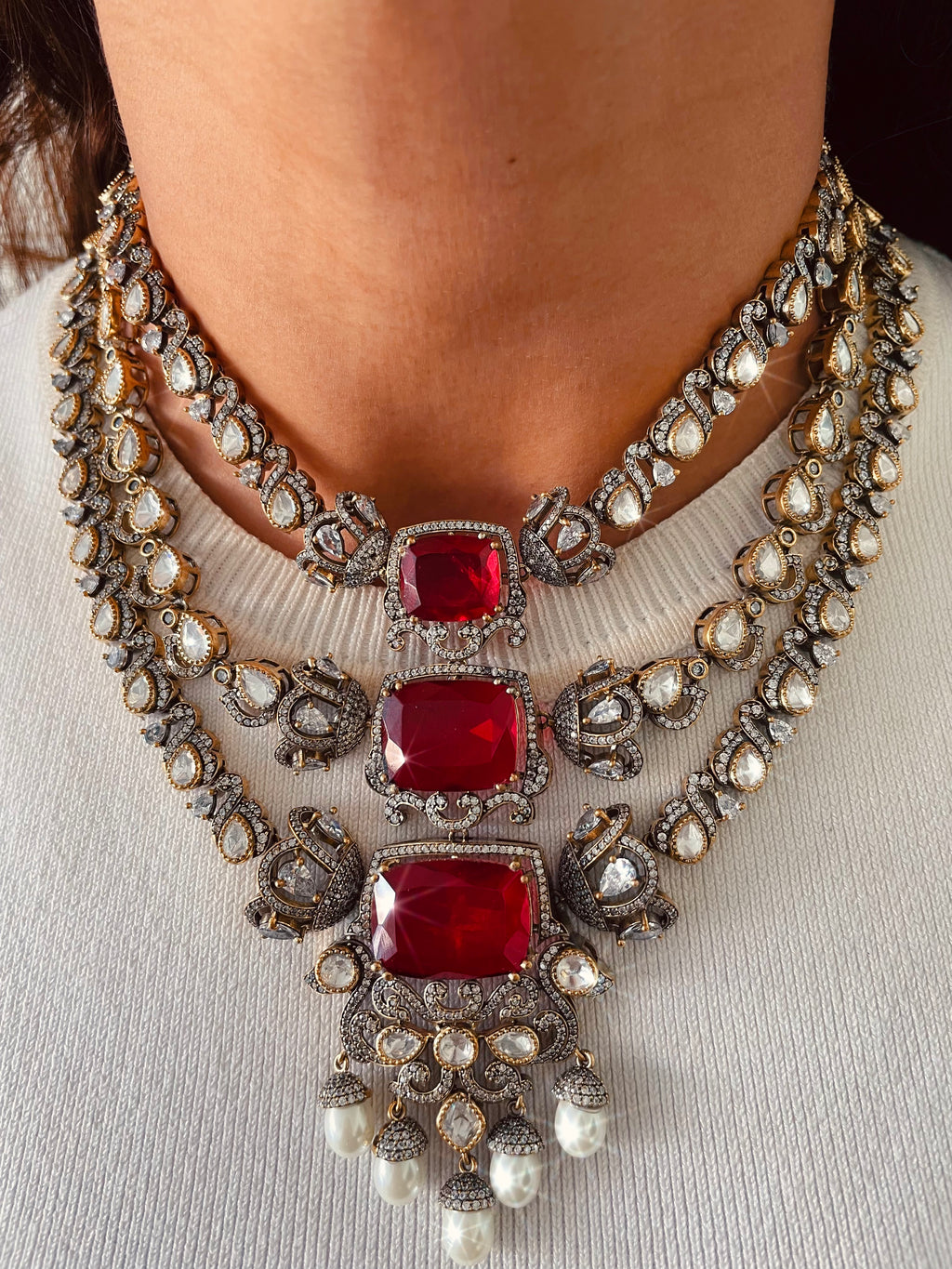 3 Layered Ruby Doublet & Moissanite Polki Kundan Couture Necklace Set — front view — Prerto