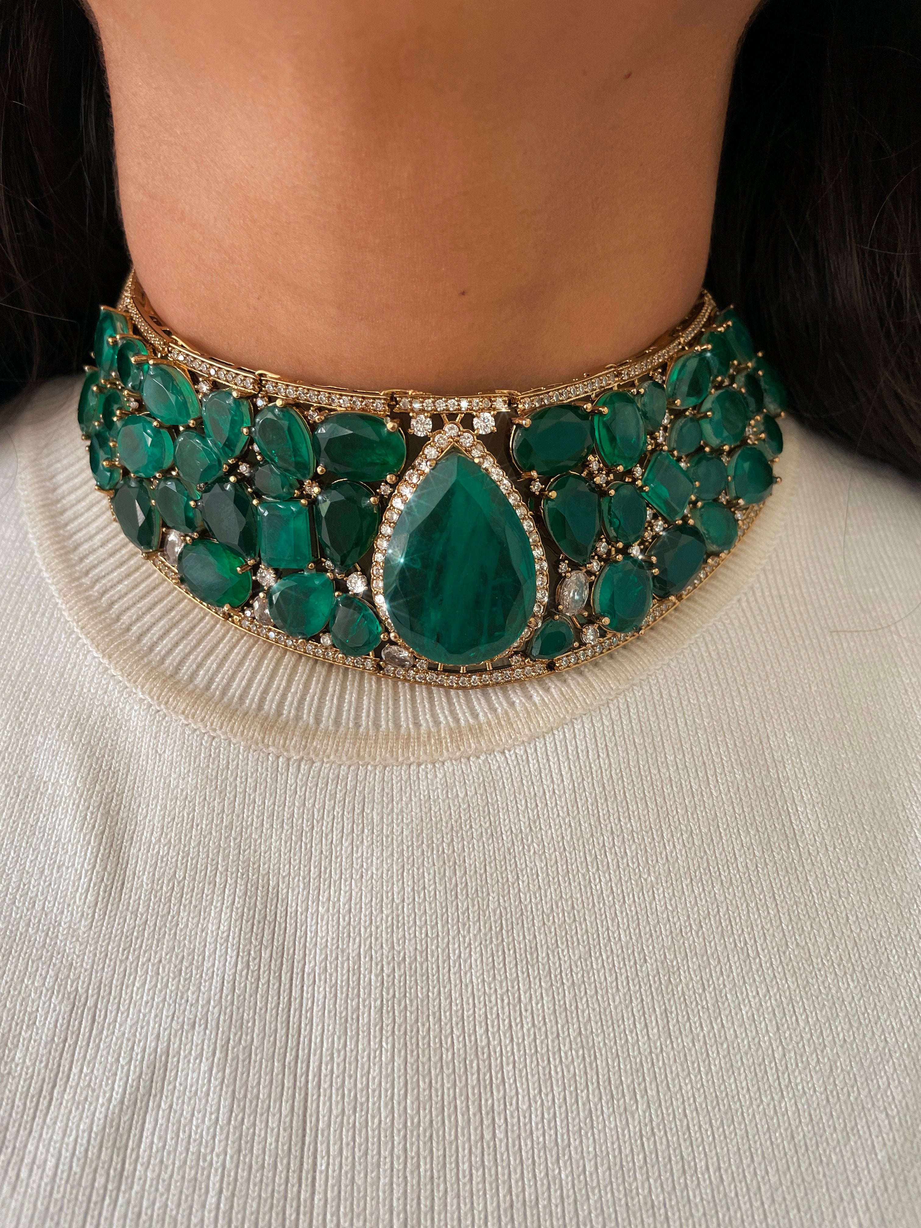 Maharani Emerald Doublet Diamond Choker & Moissanite Duo Necklace Set — worn on model — Prerto