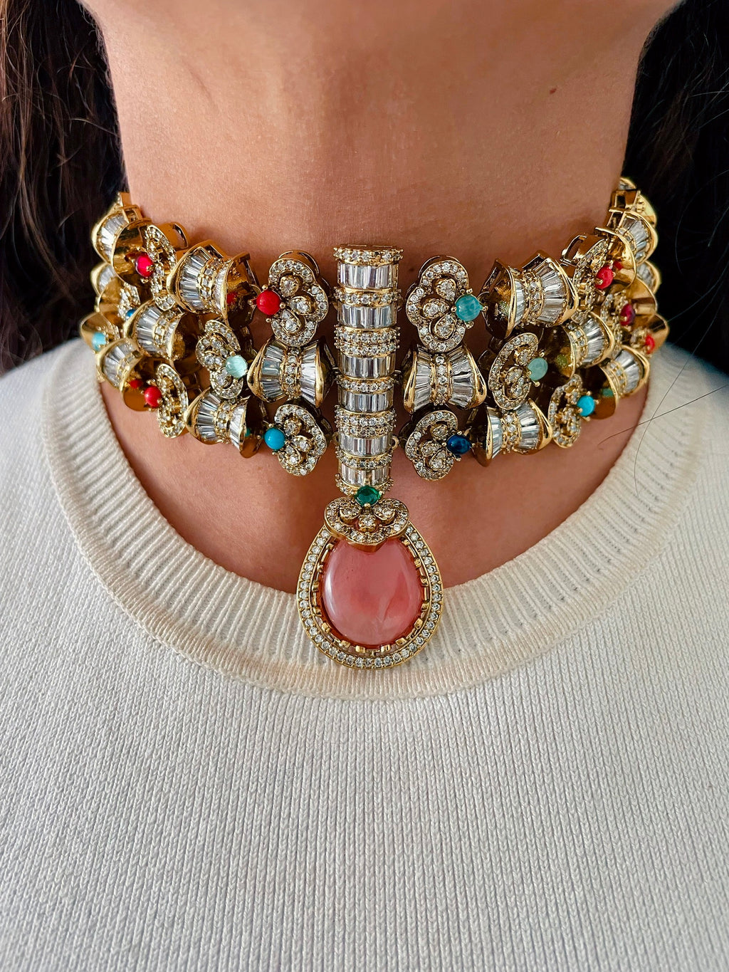 Aish Multicolour Moissanite Couture Choker Necklace Set — side view — Prerto
