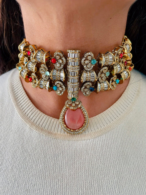 Aish Multicolour Moissanite Couture Choker Necklace Set — side view — Prerto