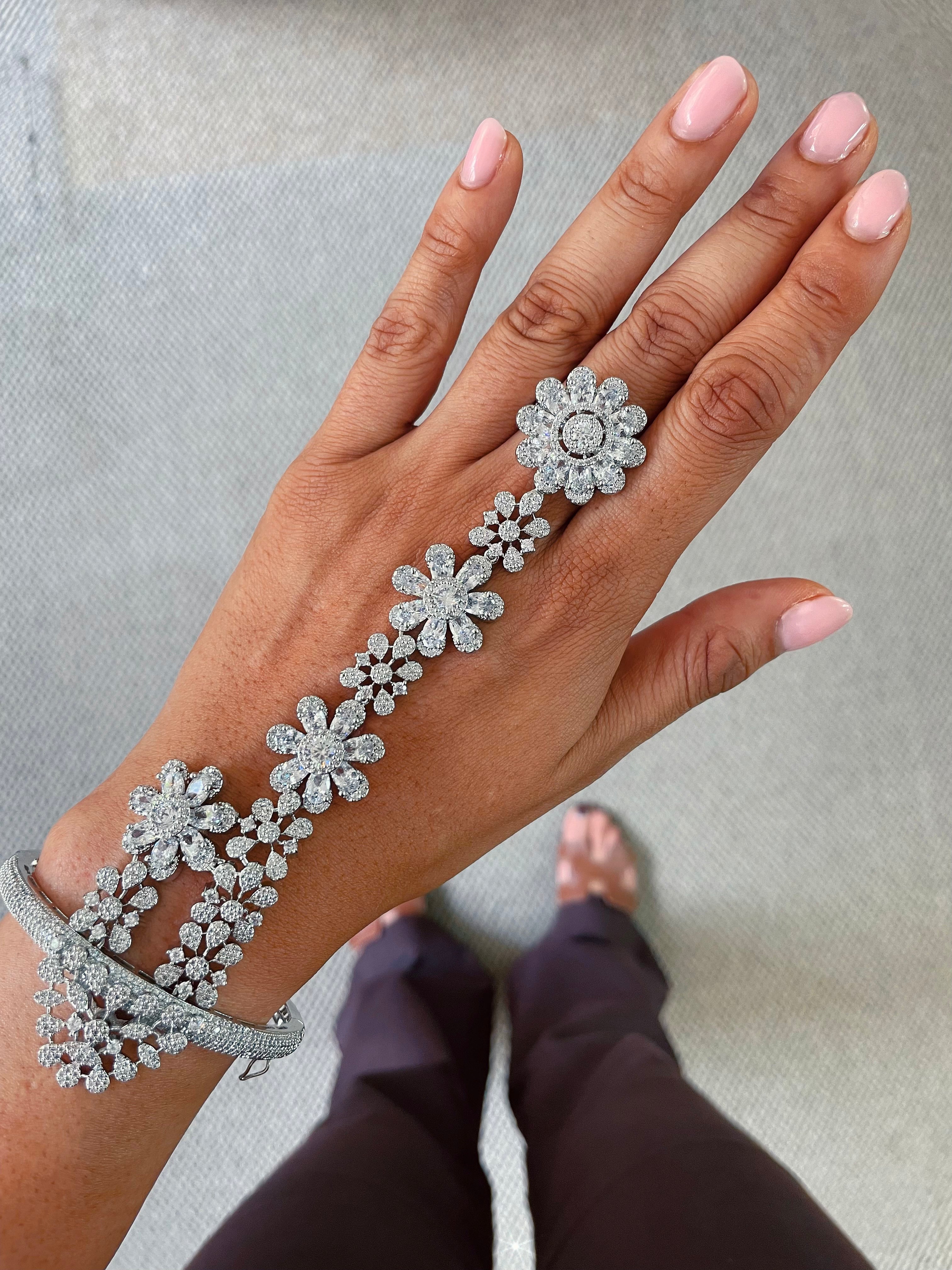 Looping Four Florals Diamond Haath Phool Hand Harness by Prerto — Indian bridal