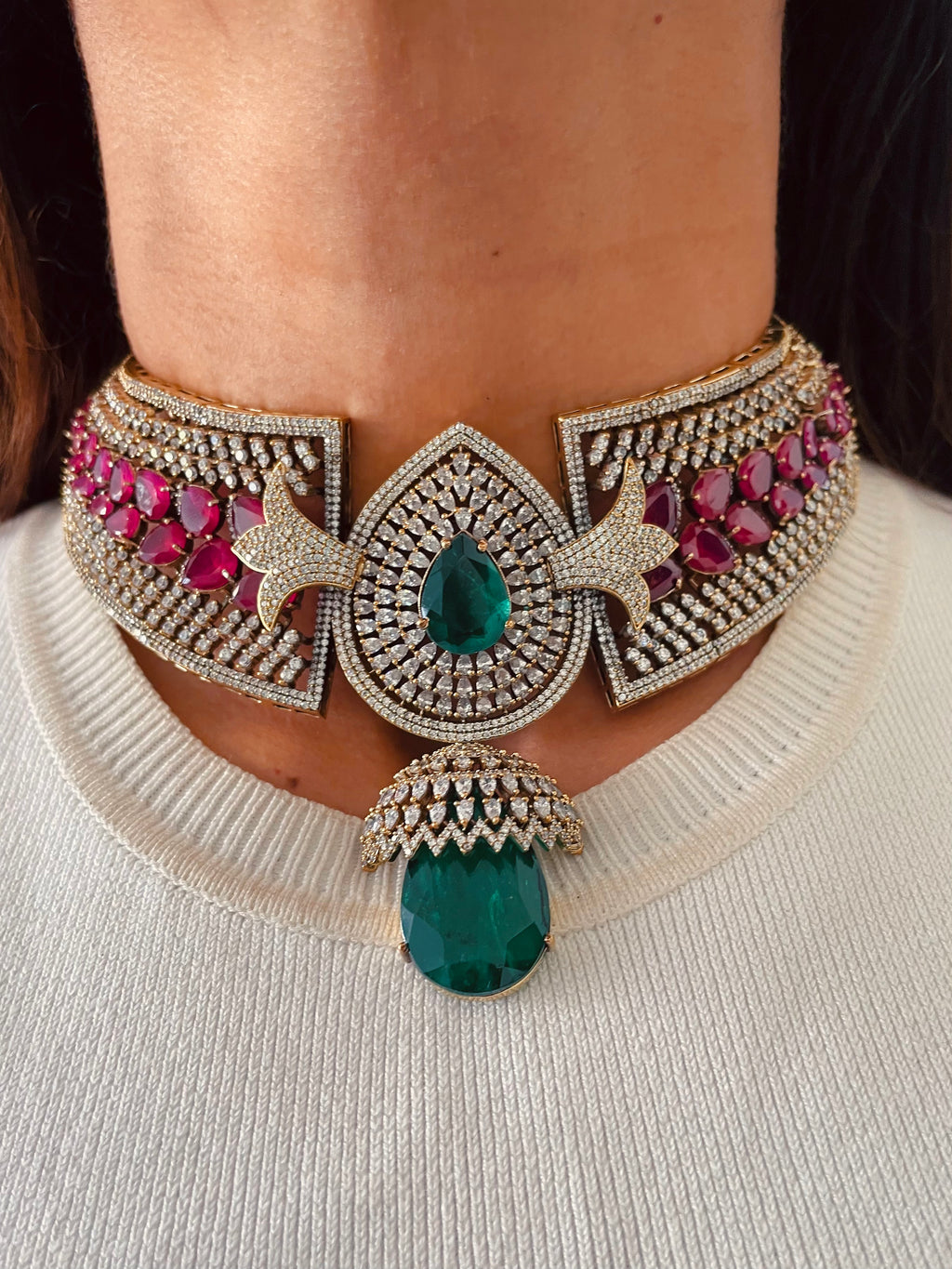 Aaliyah Emerald Ruby Crest Couture Choker Necklace Set — front view — Prerto