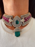 Aaliyah Emerald Ruby Crest Couture Choker Necklace Set — front view — Prerto
