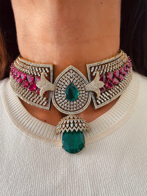 Aaliyah Emerald Ruby Crest Couture Choker Necklace Set — front view — Prerto
