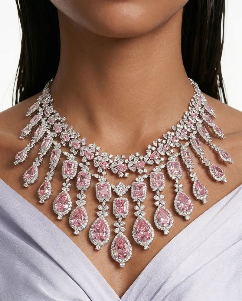 Maharani Avela Pink Diamond & Diamond Necklace Set & Eden Floral Pink & Diamond-Like Zircon Statement Necklace Set (2 Necklaces & 2 Earrings)