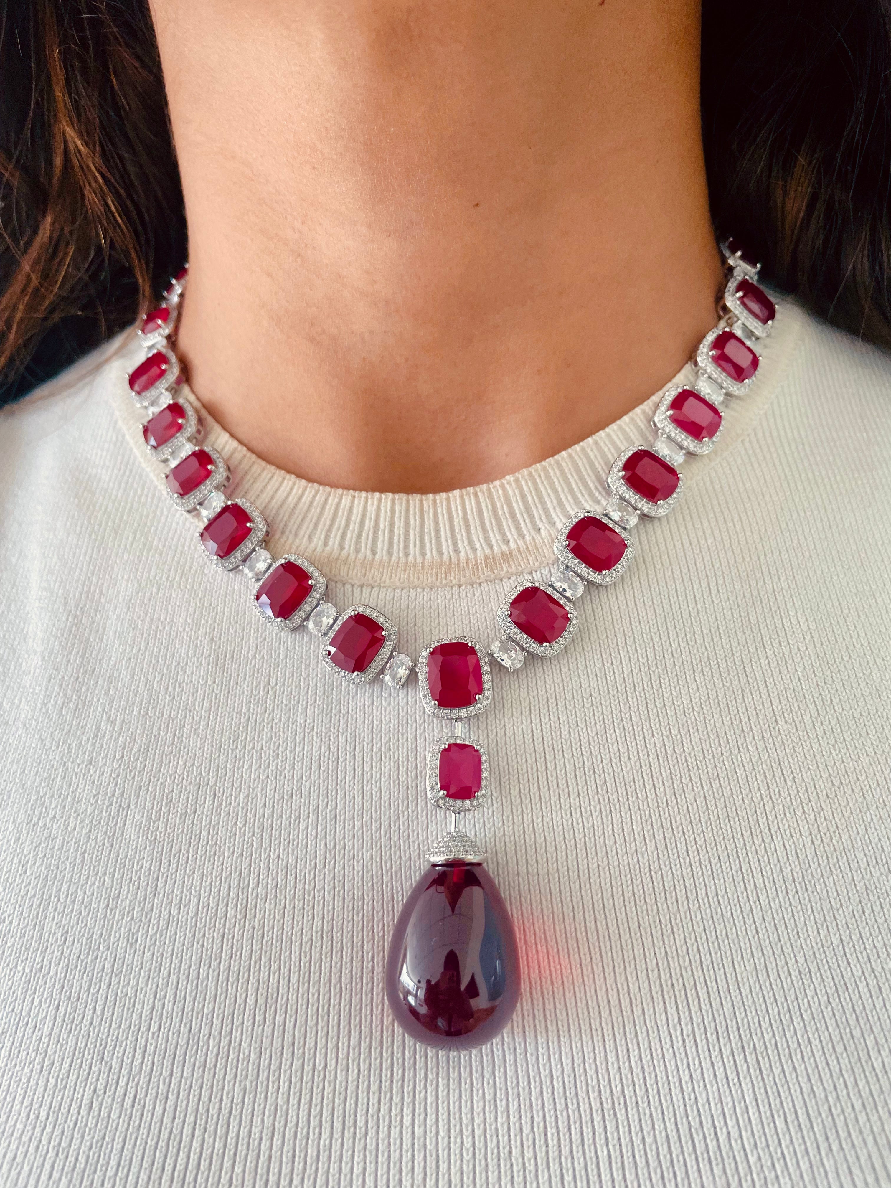 Ruby Cushion Cut Zircon Detailing Necklace Set — front view — Prerto