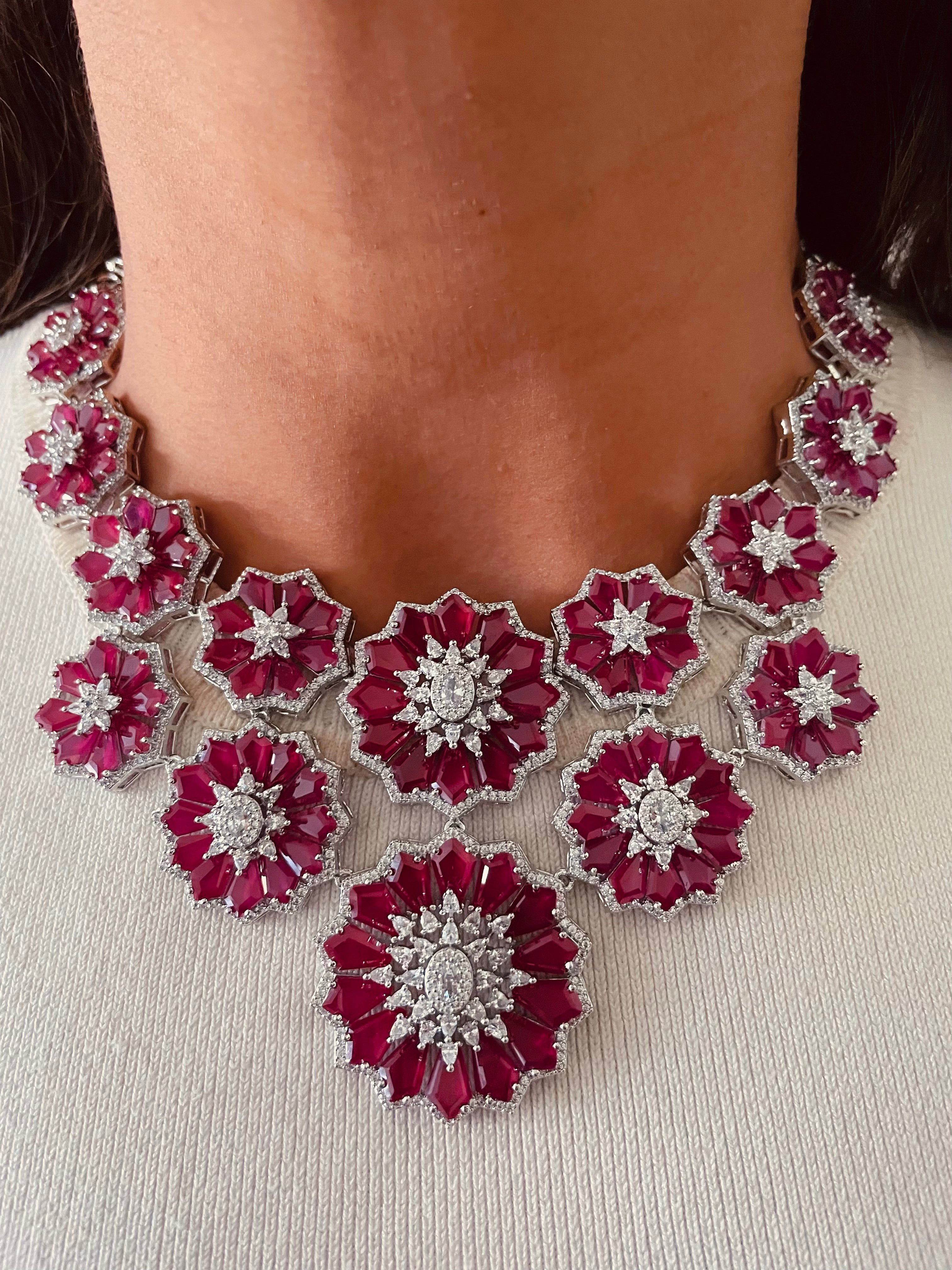 Alina Ruby Rosette Diamond Necklace Set — front view — Prerto