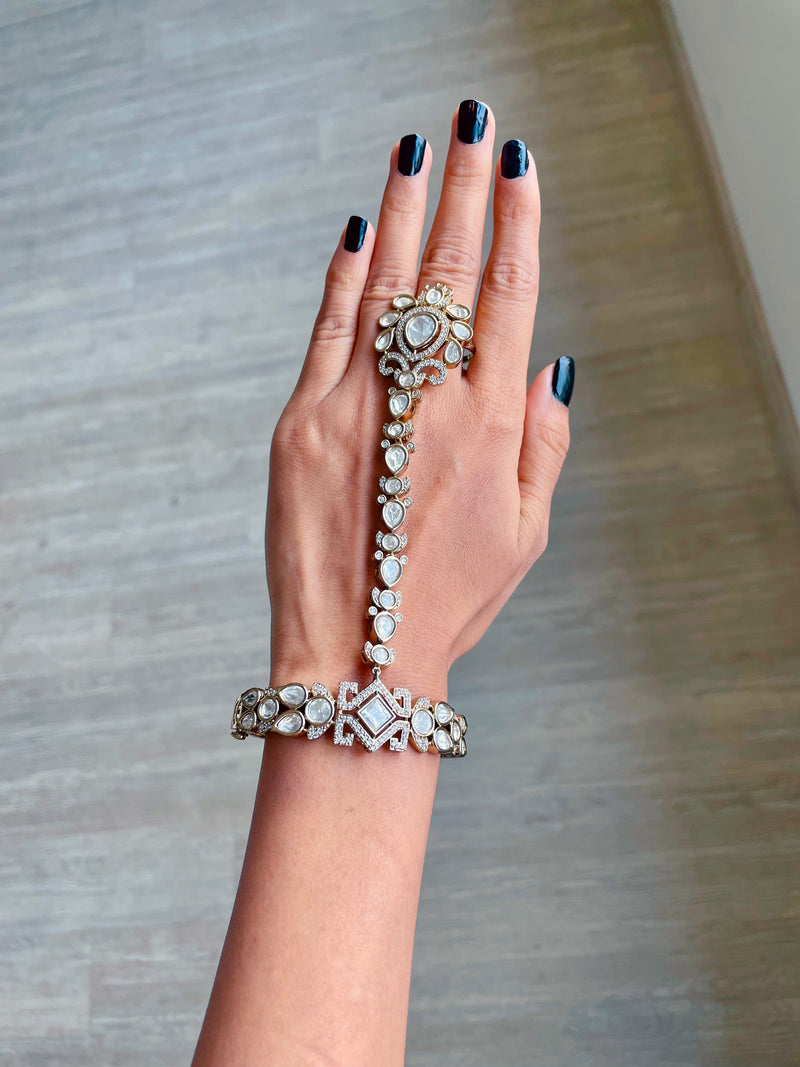 Aanya Luxe Kundan Haath Phool Hand Harness by Prerto — Indian bridal mehndi jewellery