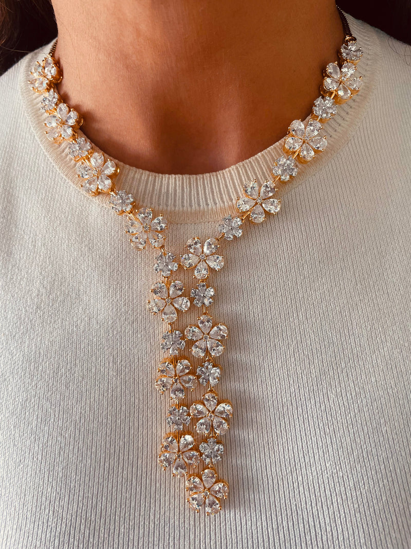 Gold Plated Floral Diamond Statement Two Lines Necklace Set — front view — Prerto