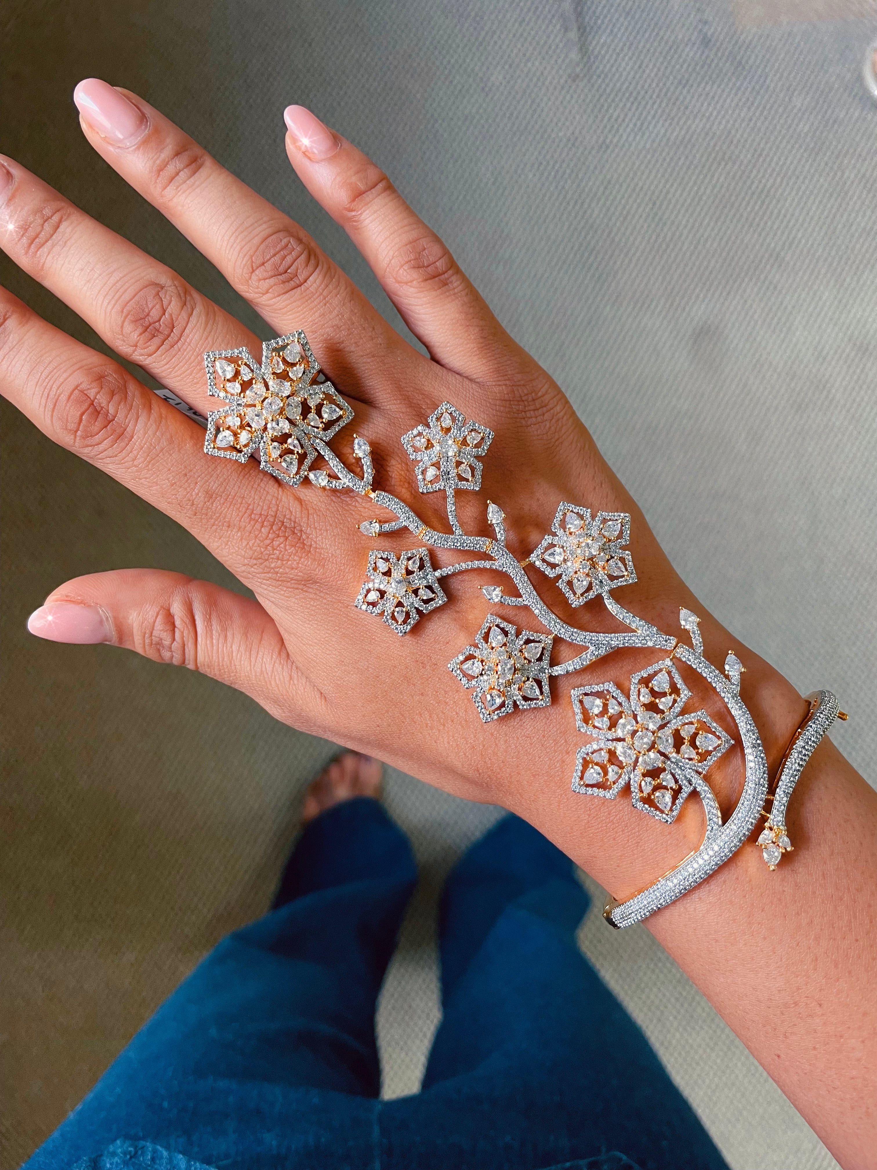 Two Tone Floral Diamond Haath Phool Hand Harness by Prerto — Indian bridal mehndi