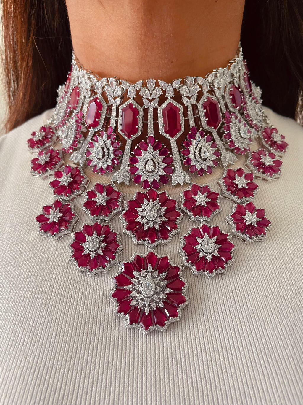Maharani Lara Ruby & Ruby Rosette Diamond Duo Necklace Set — front view — Prerto