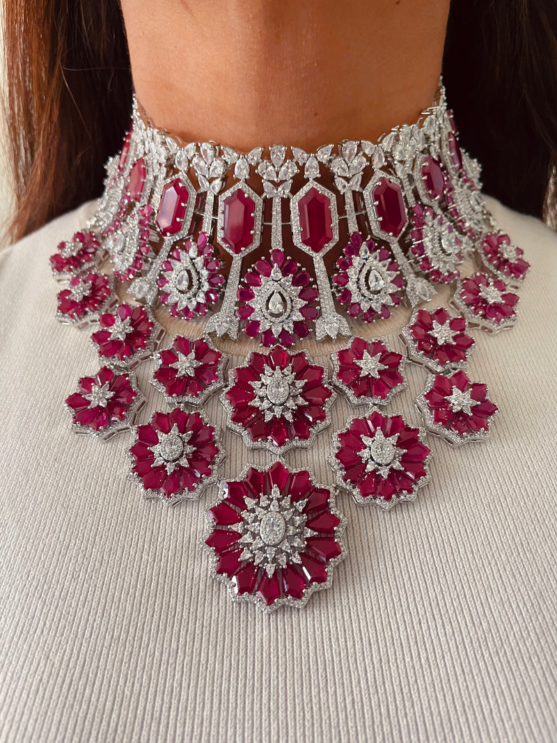 Maharani Lara Ruby & Ruby Rosette Diamond Duo Necklace Set — front view — Prerto
