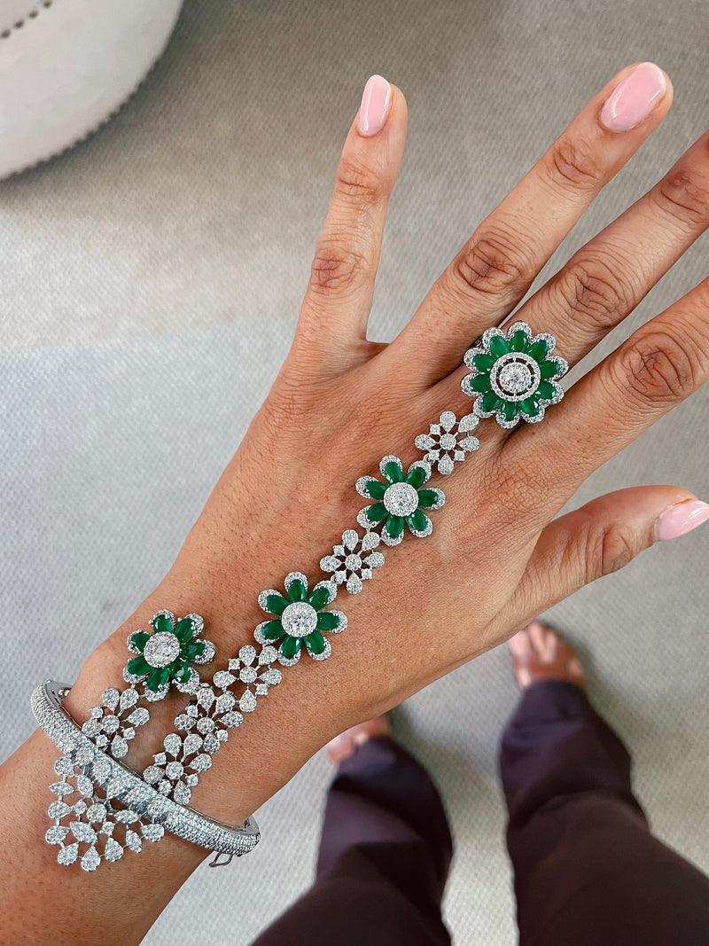 Looping Four Florals Emerald Diamond Haath Phool Hand Harness by Prerto — Indian bridal
