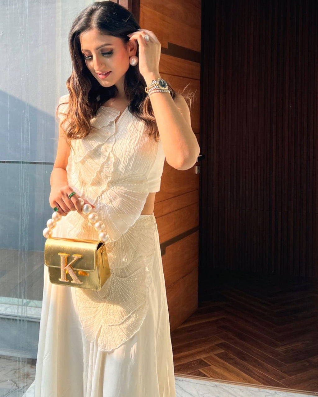 Personalised Gold Crossbody Bag by Prerto — worn on model