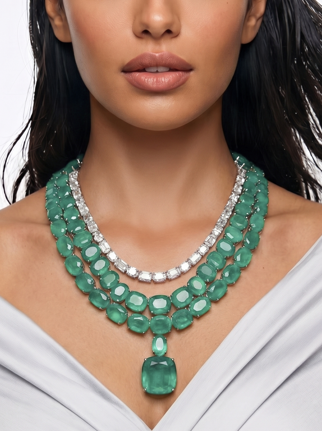 Boulder Mint Green Diamond 3 Layer Statement Necklace Set — detail view — Prerto