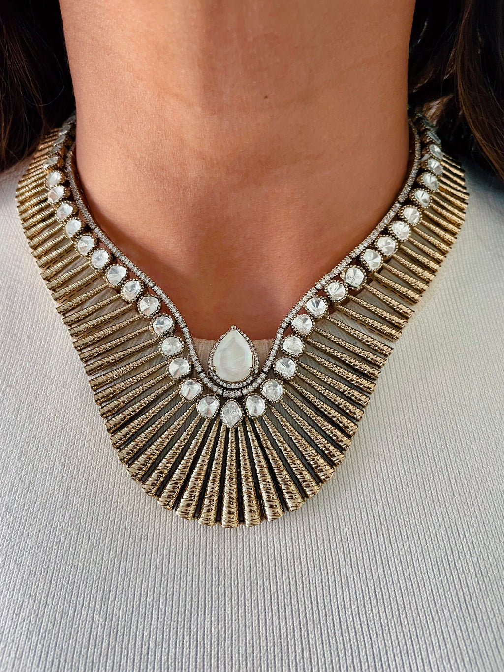 Isha Moissanite Polki Kundan Sunray Statement Necklace Set — front view — Prerto