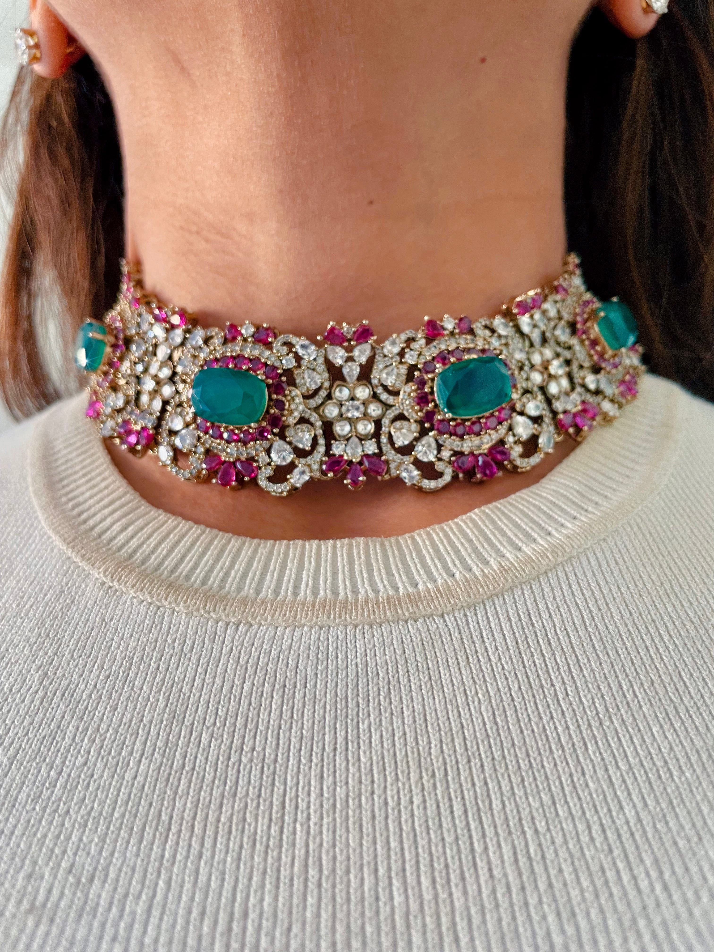 Elina Emerald & Ruby Moissanite Diamond Polki Kundan Royal Choker Necklace Set — front view — Prerto