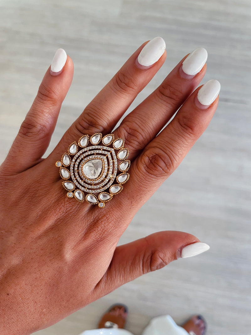Noa Sunburst Polki Kundan Couture Statement Ring by Prerto — Indian bridal jewellery