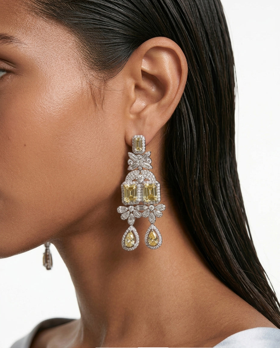 Aarvi Diamond-Like Zircon Citrine Statement Necklace Set — worn on model — Prerto