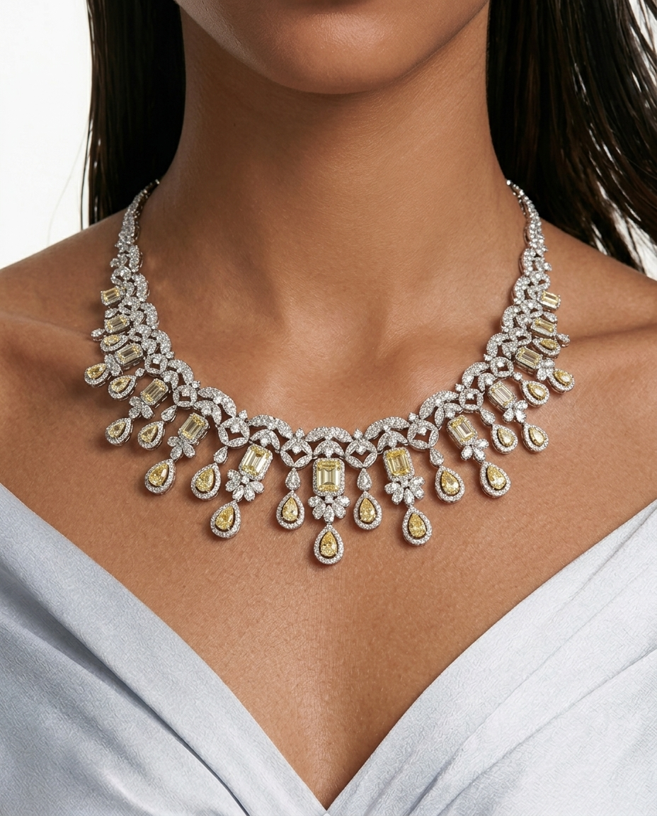 Aarvi Diamond-Like Zircon Citrine Statement Necklace Set by Prerto