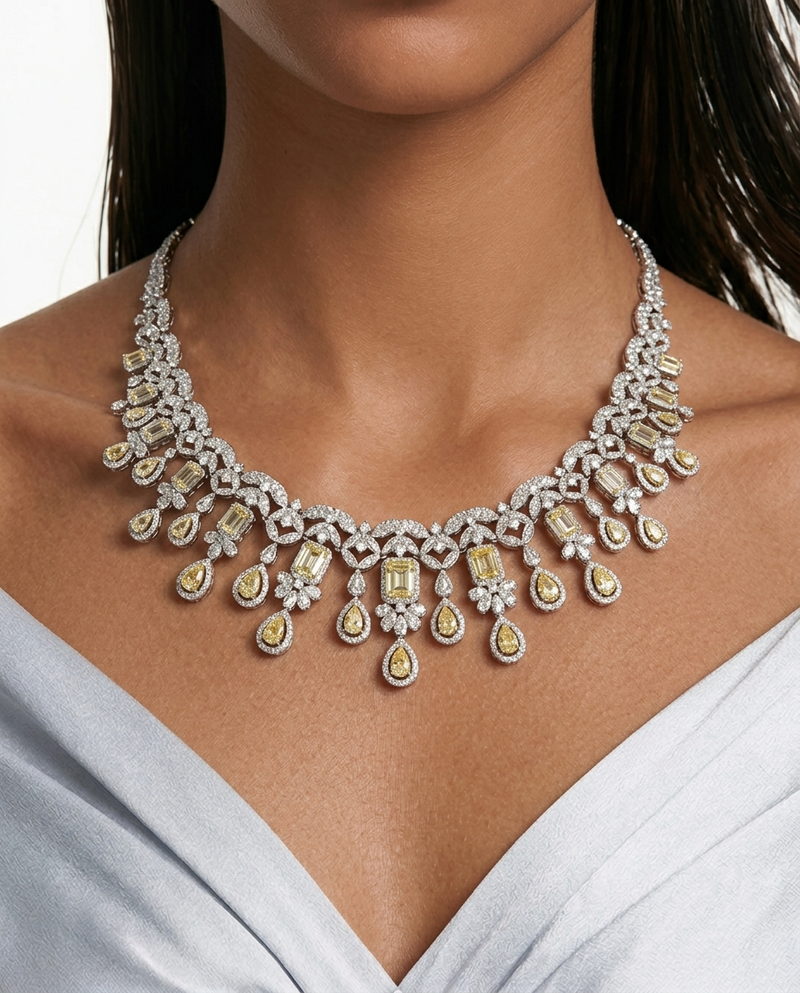 Aarvi Diamond-Like Zircon Citrine Statement Necklace Set by Prerto